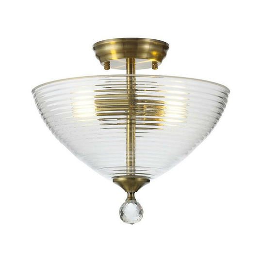Luminosa Dresden 2 Light Semi Flush Ceiling Lamp E27 With Round 33.5cm Prismatic Effect Glass Shade Antique Brass, Clear