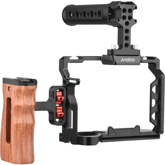 Andoer - Aluminum Alloy Camera Cage Kit with Top Handle Grip Wooden Side Handle Grip Replacement for Sony A7 iv - Black