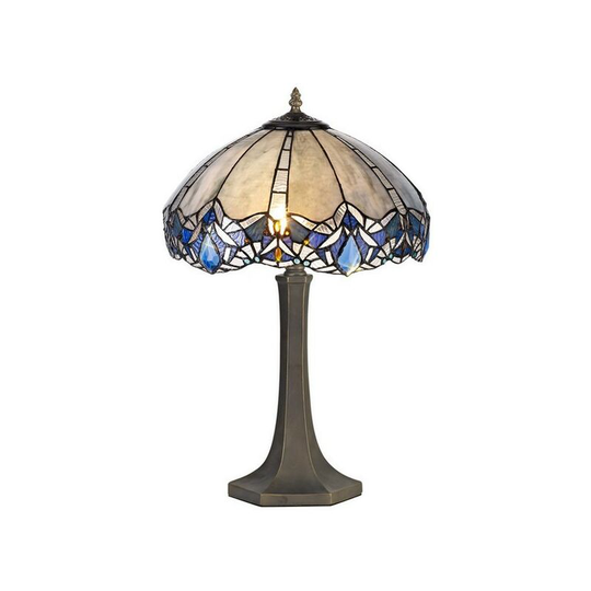 Luminosa Lighting - 2 Light Octagonal Table Lamp E27 With 40cm Tiffany Shade, Blue, Clear Crystal, Aged Antique Brass