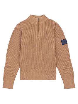 U.S. Polo Assn. Boys 1/4 Zip Knit Jumper - Light Brown, Light Brown, Size Age: 8-9 Years