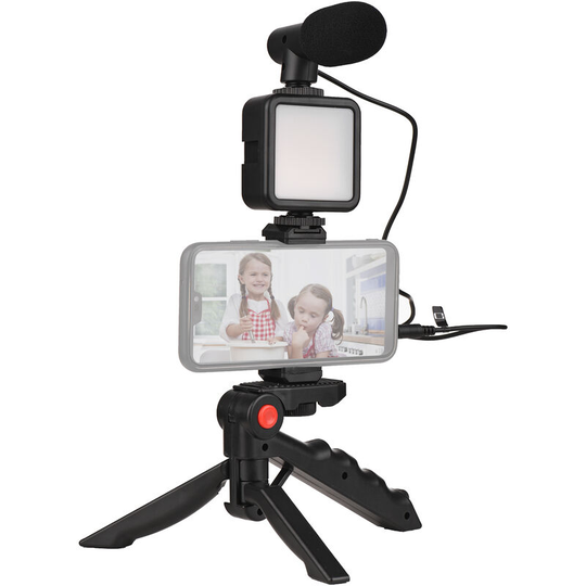 Smartphone Vlog Kit Mini led Video Light + Cardioid Microphone + Extendable Phone Clip + Tripod with Adjustable Brightness for Live Stream Vlog Video