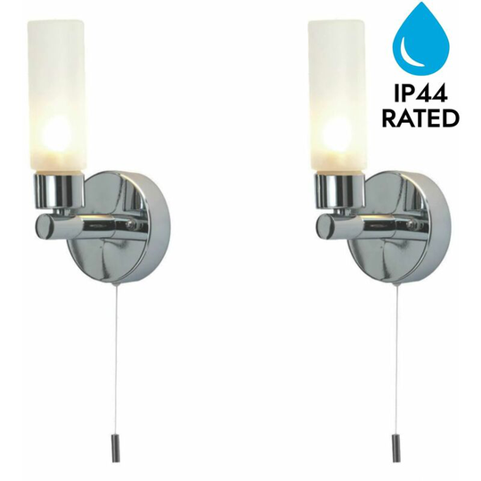 First Choice Lighting - Set of 2 Polished Chrome IP44 Bathroom Wall Light With Pull Cord Switch - Polished chrome plate and frosted glass