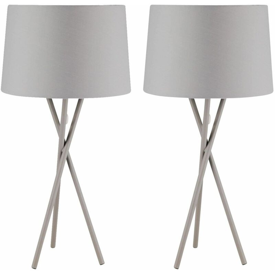First Choice Lighting - Pair Grey Tripod Table Lamp with Grey Fabric Shade - Grey and grey cotton