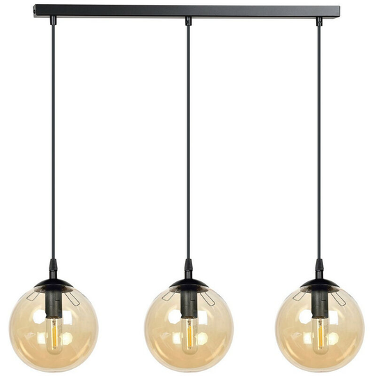 Emibig Cosmo Black Globe Bar Pendant Ceiling Light with Amber Glass Shades, 3x E14
