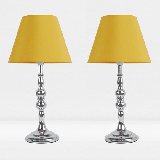 First Choice Lighting - Set of 2 Chrome Plated Bedside Table Light with Candle Column Ochre Fabric Shade - Polished chrome plate and textured ochre