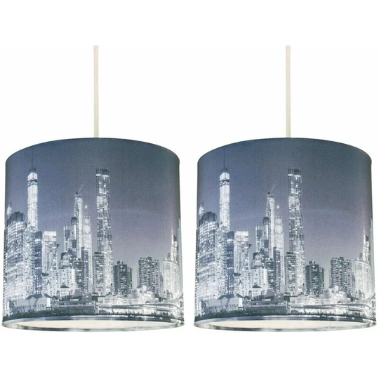 Set of 2 Digital Print New York Skyline 20cm Light Shades - Blue manhattan skyline digital print