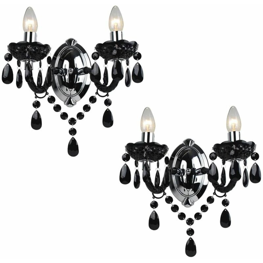 First Choice Lighting - Set of 2 Black Acrylic and Chrome Marie Therese Style 2 x 40W Wall Light - Black acrylic with polished chrome plate detail