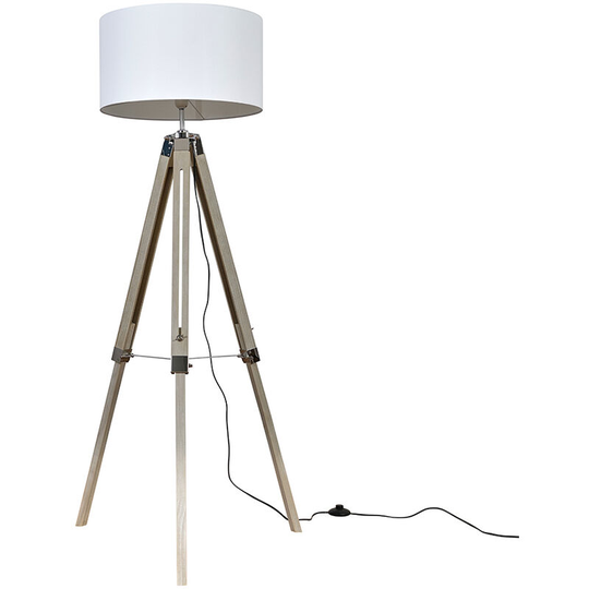 Tripod Floor Lamp Clipper in Light Wood with Cylinder Shade - White + led Bulb