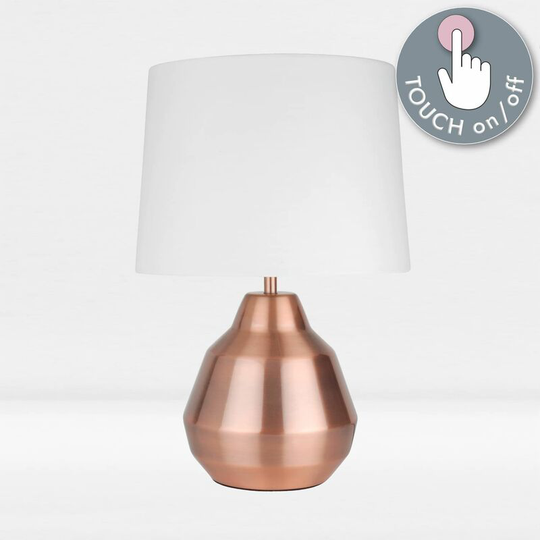 First Choice Lighting - Brushed Copper 39cm Touch Lamp with White Shade - Brushed copper plate and textured white cotton