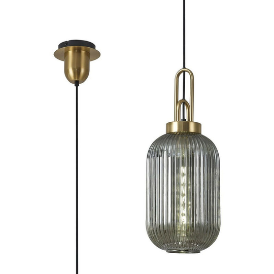 Luminosa Lighting - Luminosa 1 Light Pendant E27 With 20cm Tubular Ribbed Glass, Smoked Brass Gold, Matt Black