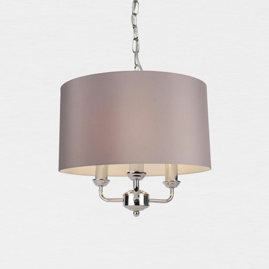 3 Light Chrome Pendant Chandelier with Grey Fabric Shade - Polished chrome plate and grey cotton