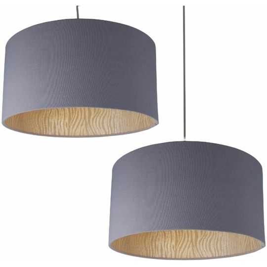 First Choice Lighting - Pair of Grey and Soft Gold Zebra Print 40cm Drum Easy Fit Shades - Grey cotton with sofa gold zebra design print detail