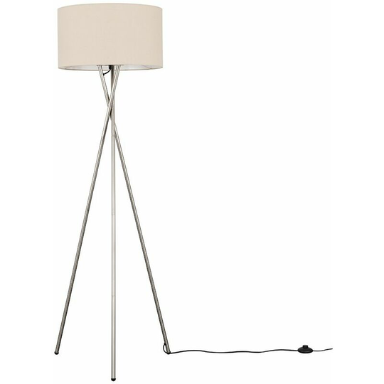 Floor Lamp Tripod Camden Light in Brushed Chrome with Cylinder Lampshade - Beige