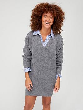 Superdry Studios Slouch V-neck Knitted Dress - Grey, Grey, Size 10, Women