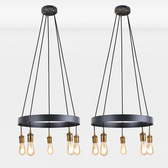 Set of 2 Matt Black 5 Light Medieval Fittings - Matt black with antique brass plate detail