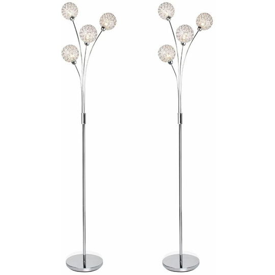 Set of 2 4 Light Chrome Plated Floor Standard Light with Jewelled Clear Beaded Shades - Polished chrome plate and clear beaded glass