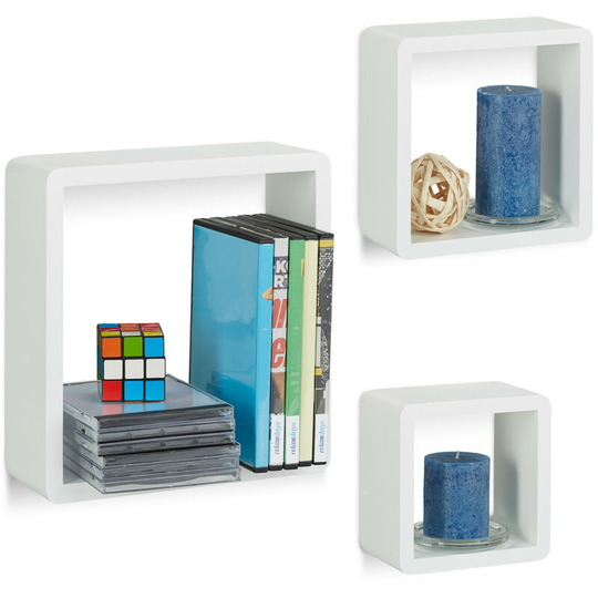 Cube Wall Shelves Set of 3, Square Floating Bookcase, Durable and Decorative, White - Relaxdays