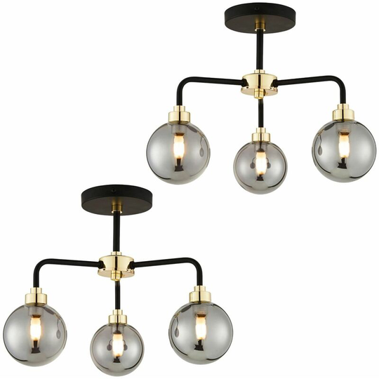 Set of 2 Black Paint and Smoked Glass 3 Lights - Matt black with polished brass plate detail and smoked glass