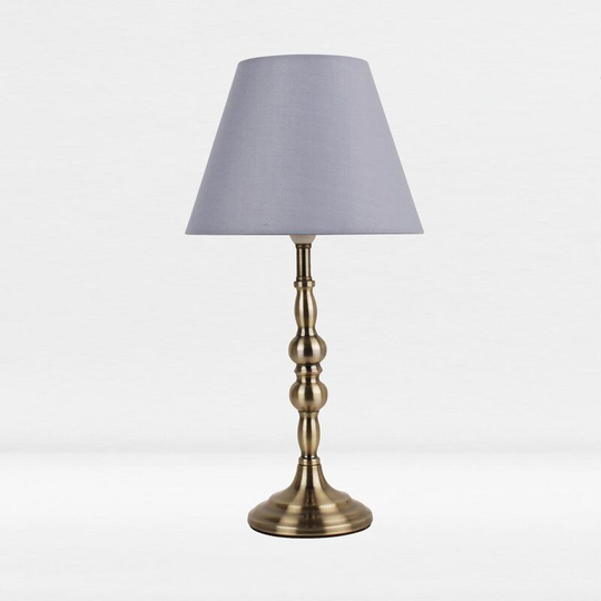 First Choice Lighting - Antique Brass Plated Bedside Table Light with Candle Column Grey Fabric Shade - Antique brass plate and textured grey cotton
