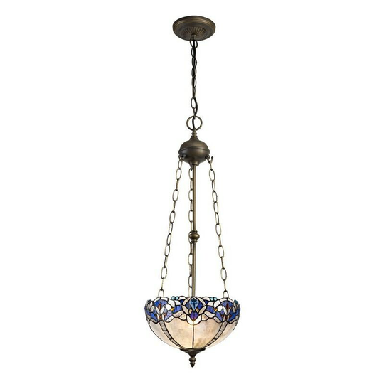 Luminosa Lighting - 3 Light Uplighter Ceiling Pendant E27 With 30cm Tiffany Shade, Blue, Clear Crystal, Aged Antique Brass