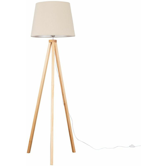 Floor Lamp Modern Wooden Tripod Light in Light Wood with Tapered Shade - Beige + led Bulb