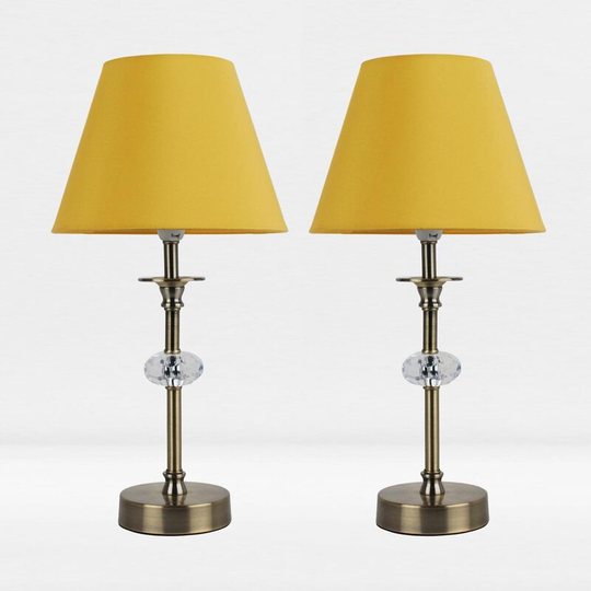 First Choice Lighting - Set of 2 Antique Brass Plated Stacked Bedside Table Light Faceted Detail Ochre Fabric Shade - Antique brass plate with clear