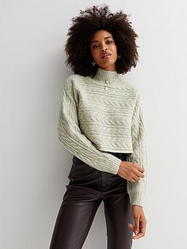 New Look Light Green Cable Knit High Neck Crop Jumper, Light Green, Size L, Women