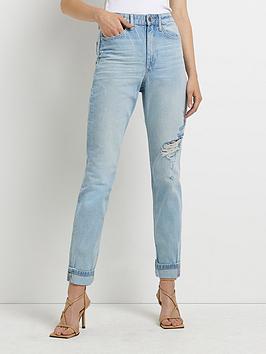 River Island Mom High Rise Pale Holiday Jean- Light Denim, Light Denim, Size 12, Inside Leg Regular, Women