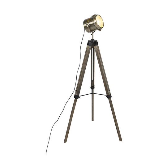 Qazqa - Industrial floor lamp tripod wood with studio spot - Braha - Brown