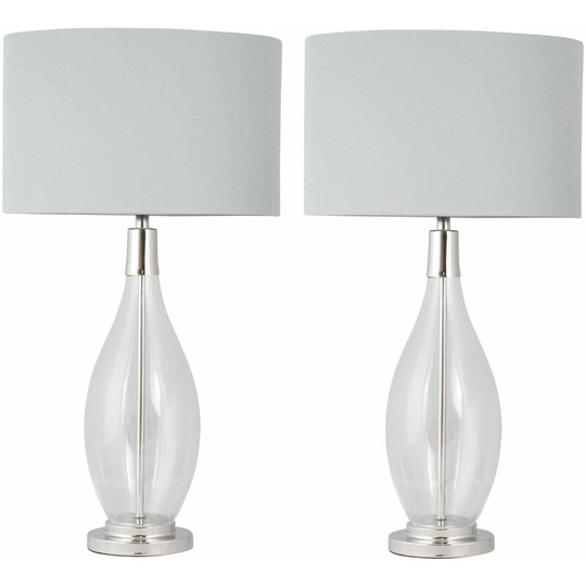 First Choice Lighting - Pair of Lana - Clear Glass Table Lamps with Oval Grey Linen Shades - Polished chrome plate with clear glass detail and grey