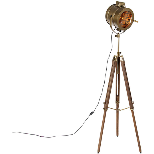 Qazqa - Tripod vloerlamp brons met hout studiospot - Shiny - Bronze