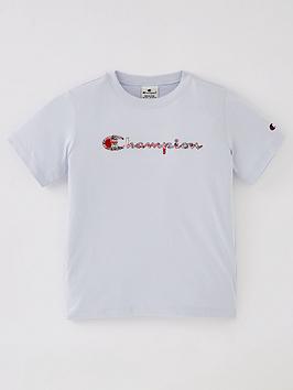 Champion Junior Girls Embroidered Large Logo T-Shirt - Light Blue, Light Blue, Size M=9-10 Years, Women