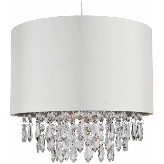 First Choice Lighting - 300mm Cream Faux Silk Easy Fit Shade with Chrome Inner and Clear Droplets - Cream faux silk with clear acrylic detail