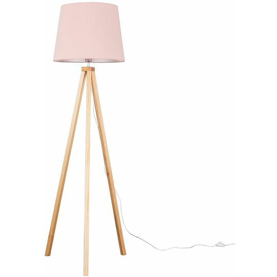 Floor Lamp Modern Wooden Tripod Light in Light Wood with Tapered Shade - Pink