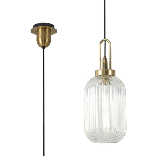 Luminosa Lighting - Luminosa 1 Light Pendant E27 With 20cm Tubular Ribbed Glass, Clear Brass Gold, Matt Black
