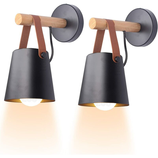 Aougo - Set of 2 Vintage Minimalist Indoor Wall Sconce Modern Wall Lamp E27 Light Fixture Metal Shade with Wooden Stand for Bedroom Office Hallway