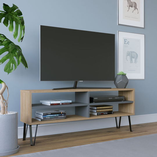 Farrar Modern tv Stand tv Unit tv Cabinet Multimedia Centre with Open Shelves- Oak / Anthracite - Decorotika