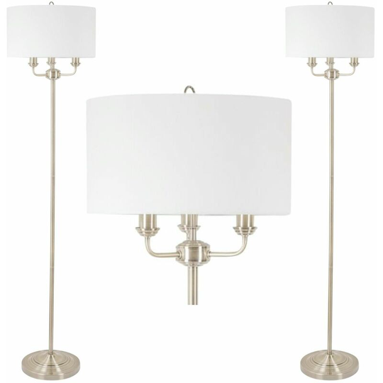 Pair of 3 Light Antique Brass Floor Standard Light with Light Cream Fabric Shade - Antique brass plate and cream cotton
