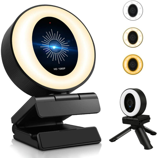 Pesce - 1080P Webcam with Microphone and Lighting, 3-level Adjustable Brightness, Plug and Play Computer Camera, Suitable for Skype, Zoom, FaceTime,