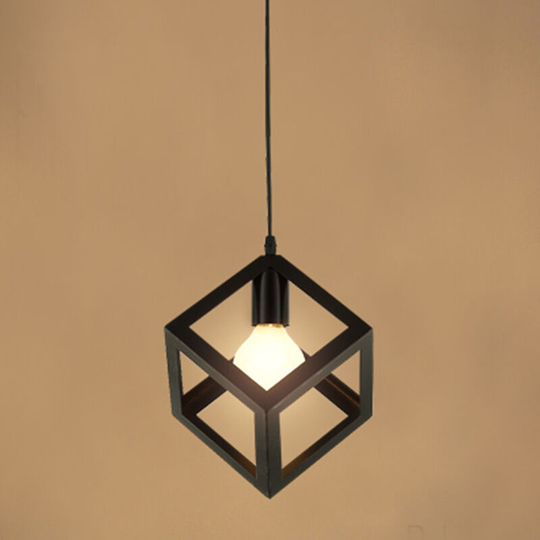 Aougo - E27 Square Pendant Light, Metal Ceiling Light, Wrought Iron Cube Shade, Adjustable Rope Light Fixture for Living Room, Dining Room (Black)