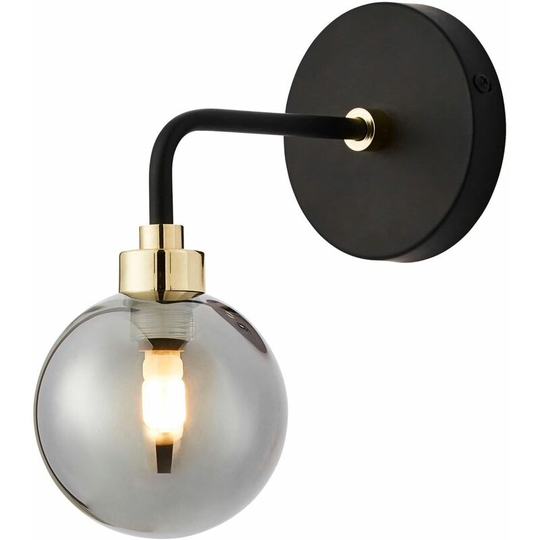 First Choice Lighting - Matt Black and Smoked Glass Wall Light - Matt black with polished brass plate detail and smoked glass
