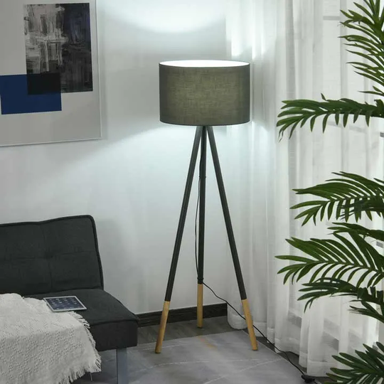 HOMCOM Stylish Steel Tripod Floor Lamp Fabric Lampshade Wood Accents Switch Grey
