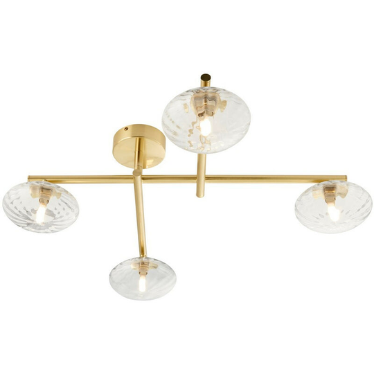 Merano Oristano Bathroom 4 Light Ceiling Semi Flush Satin Brass Plate & Clear Ribbed Glass IP44