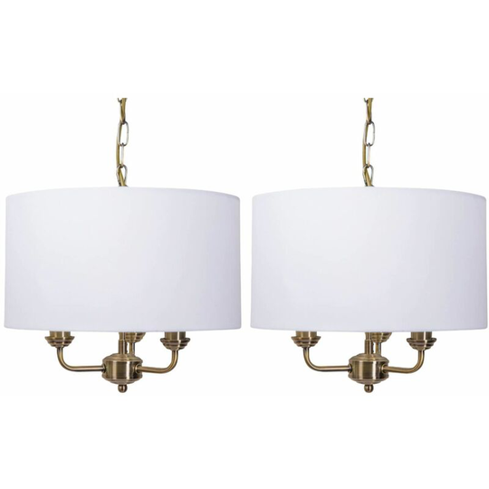 First Choice Lighting - Pair of 3 Light Antique Brass Pendant Chandelier with Light Cream Fabric Shade - Antique brass plate and cream cotton