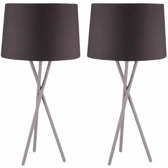 First Choice Lighting - Pair Grey Tripod Table Lamp with Black Fabric Shade - Grey and black cotton