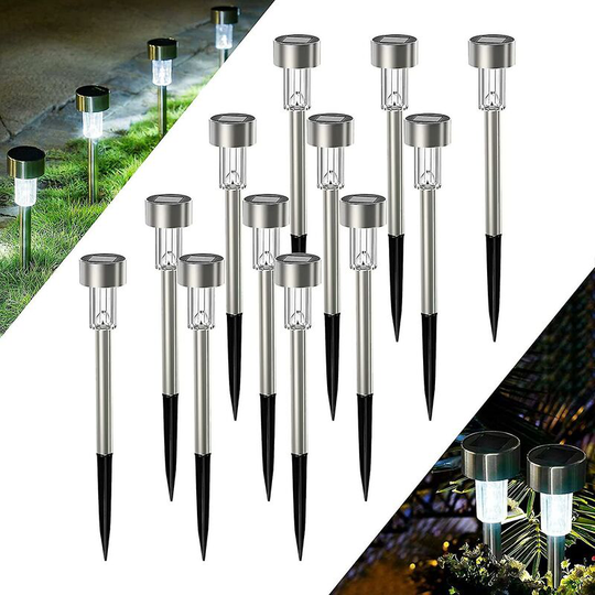 Solar Lights Outdoor Garden, 12pcs Stainless Steel LED Solar Lights for Outdoors, IP44 Waterproof Decoration for Lawn Paths, Garage, Patio, Yard