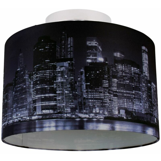First Choice Lighting - Digitally Printed Shade with New York City Skyline 320mm Diameter Flush - Polished chrome plate and blue manhattan skyline