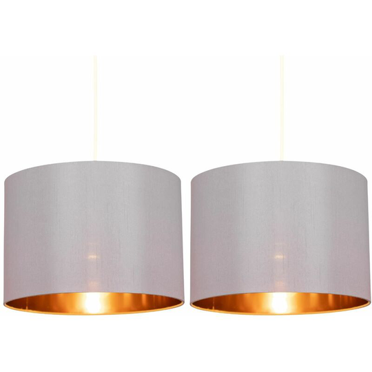 Pair of Grey 30cm Light Shades with Copper Inner - Grey faux silk with copper inner detail