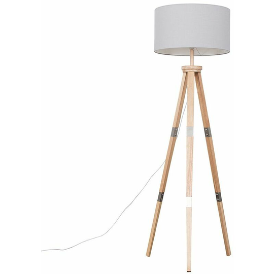 151cm Floor Lamp Wooden Tripod in Light Wood with Drum Shade - Cool Grey + led Bulb