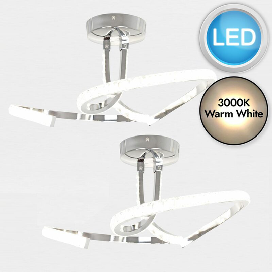 Set of 2 Jewelled Chrome led Swirl Ceiling Lights - Polished chrome plate with clear jewelled acrylic detail